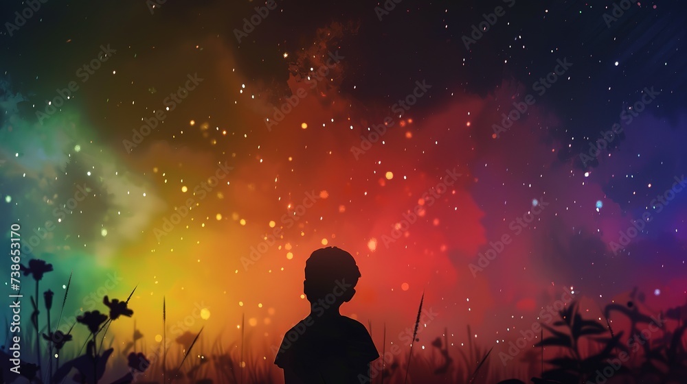 Silhouette of a boy looking at the rainbow-colored starry sky