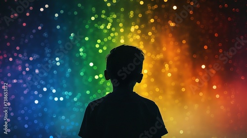 Silhouette of a boy looking at the rainbow-colored starry sky