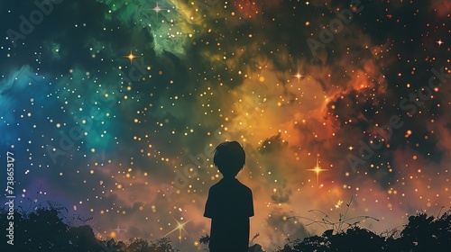 Silhouette of a boy looking at the rainbow-colored starry sky