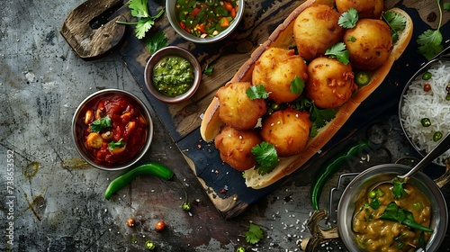 Indian vada pav street food snack with spicy potato fritters in a bun, served with chutneys and green chilies photo