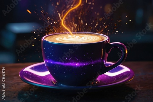 Energizing Morning Coffee Cup with Sparks in Futuristic Amethyst Vibes