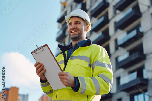 Portrait of a construction manager with a white protective helmet on his head and a holder with a piece of paper in his hand and a reflective vest against the background of a new construction site