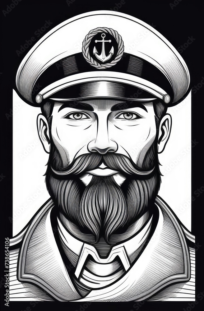 sea captain with anchor badge on hat, confident and experienced sailor in black and white sketch