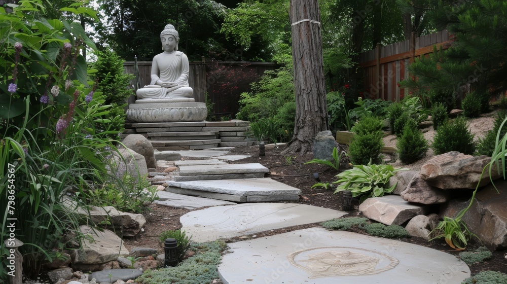 Zen Retreat with Serene Meditation Garden and Buddha Statue