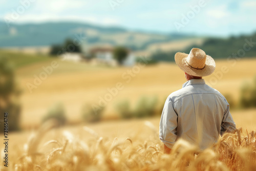 Portrait of a farmer in a shirt and hat standing in a field of golden wheat looking into the distance, harvest and harvest theme with space for text or inscriptions  © Ivan