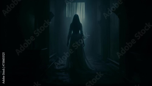 Silhouette of a ghost woman in a Victorian interior. A ghost in a white dress in the moonlight. Halloween, horror and thriller concept. photo