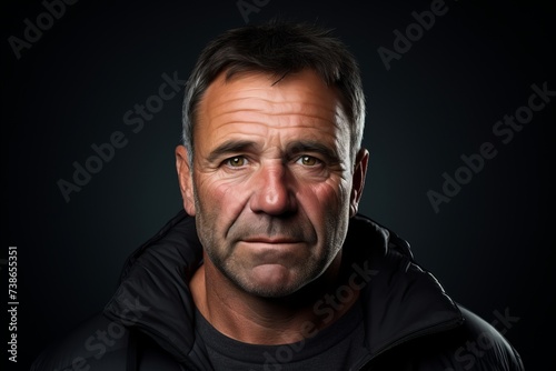 Portrait of a middle aged man over black background. Studio shot.