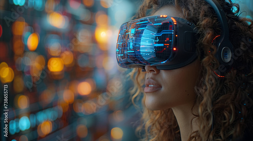 Virtual reality interface with holographic projections, highlighting the interaction between humans and advanced AI systems.
