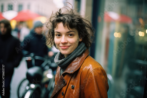Young Caucasian Woman, Happy Portrait: Smiling Beauty, Pretty Model with Attractive Lifestyle in the City. Beautiful Street Brunette with Modern Style, Trendy Summer Jacket.