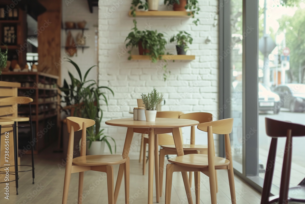 Cafe interior, cozy table with chairs opposite a brick wall with plants