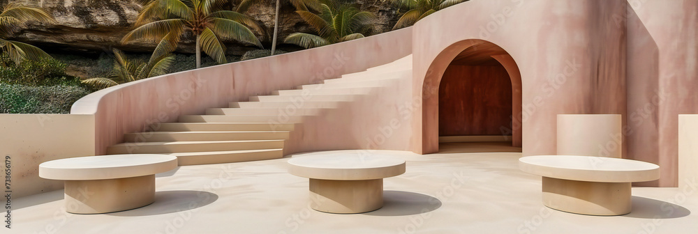 Traditional Mediterranean Villa: A Scenic Summer View of Architectural Beauty with Blue Sky, Green Garden, and Stone Staircase Traditional Mediterranean Villa: A Scenic Summer View of Architectural Beauty with Blue Sky, Green Garden, and Stone Staircase