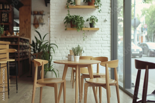 Cafe interior, cozy table with chairs opposite a brick wall with plants © Olga