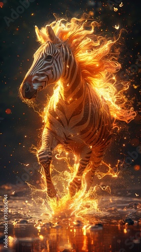 Zebra with stripes that flow like liquid light galloping across a radiant savannah