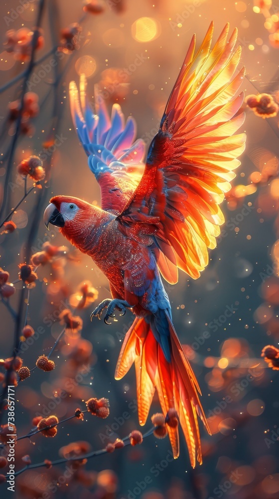 Parrot with iridescent feathers reflecting heavenly colors soaring into a realm of endless sunrise