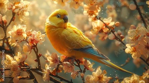 Parakeet chirping harmoniously with a choir of angels perched on celestial branches photo