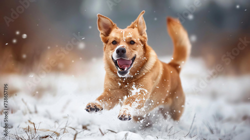 Portrait of a happy dog running in snow in winter. © Salman
