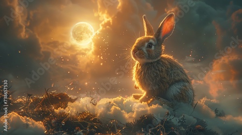 Rabbit with a luminous halo hopping along a moonlit cloud towards the heavenly gates