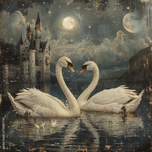 Silver swans in moated castles gliding gracefully water sparkling photo