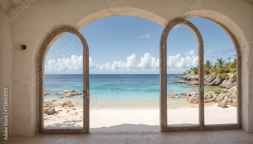 Beach view through arches with blue sea and sky background. © Naksh