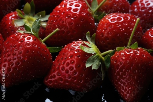 Close-up of ripe strawberries with glistening water droplets, creating a luscious and appealing look against the dark backdrop.