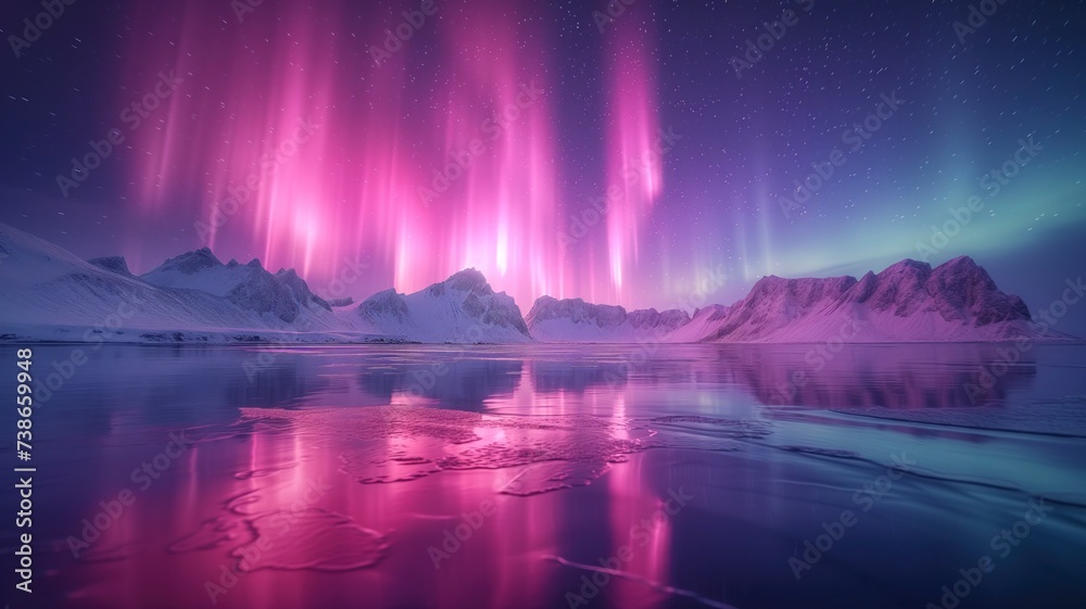 As the winter night falls, the pink aurora dances over the peaceful lake, casting a soft light upon the majestic mountains and reflecting the beauty of nature