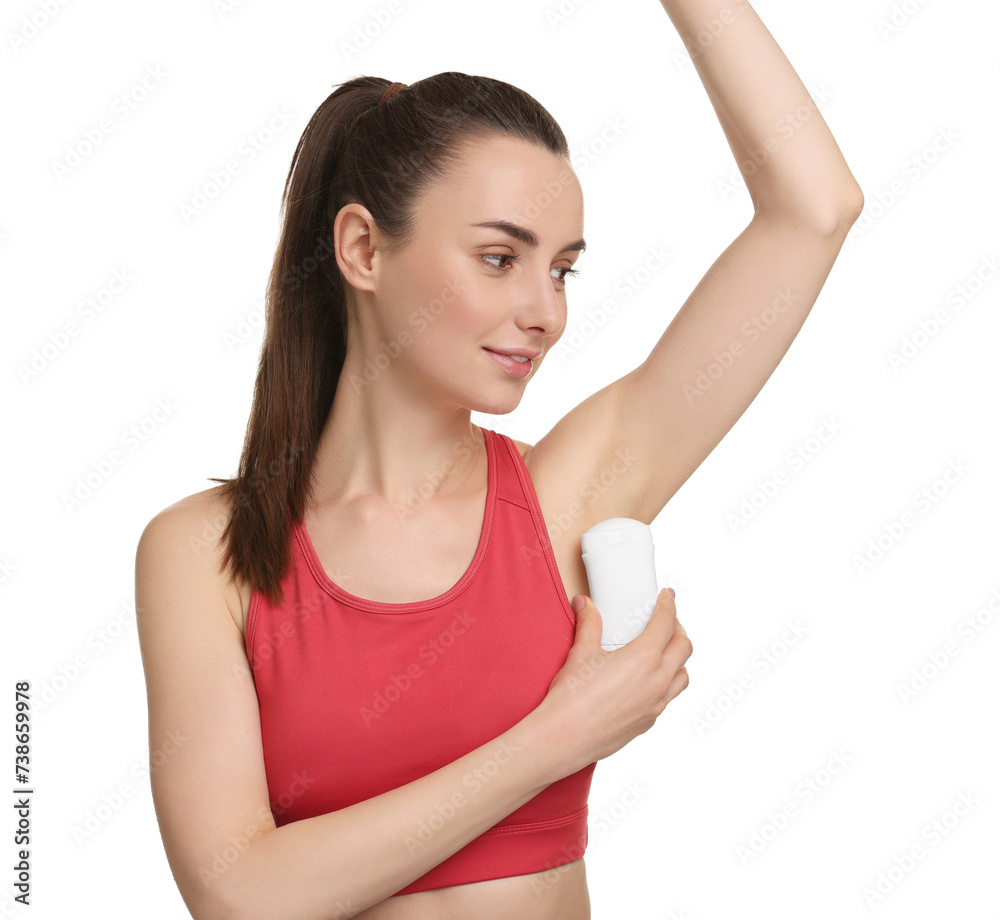 Beautiful woman applying deodorant on white background Beautiful woman applying deodorant on white background