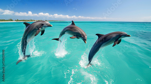 A group of cute dolphins jumping in the turquoise ocean
