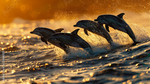 A group of cute dolphins jumping in the blue sea at sunset