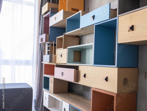 Modular Shelving Unit with Colorful Boxes