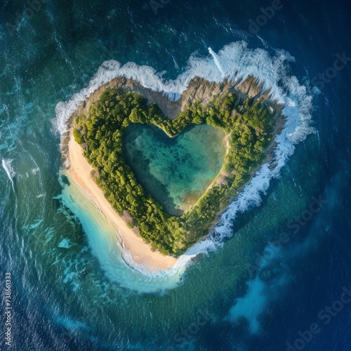 Bird's-eye view of a heart-shaped island washed by the ocean