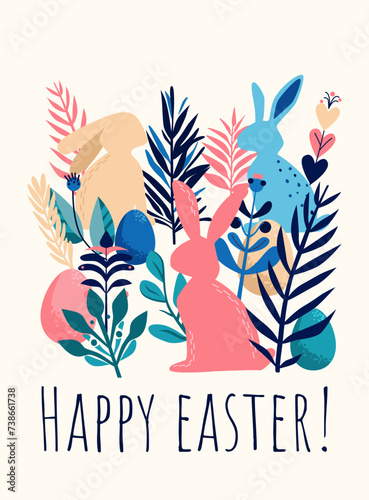 Easter card with a bunny and eggs. Vector minimalistic illustration for children, square card on a blue background.