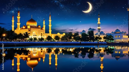 A majestic mosque glows under the crescent moon, reflected in calm waters photo