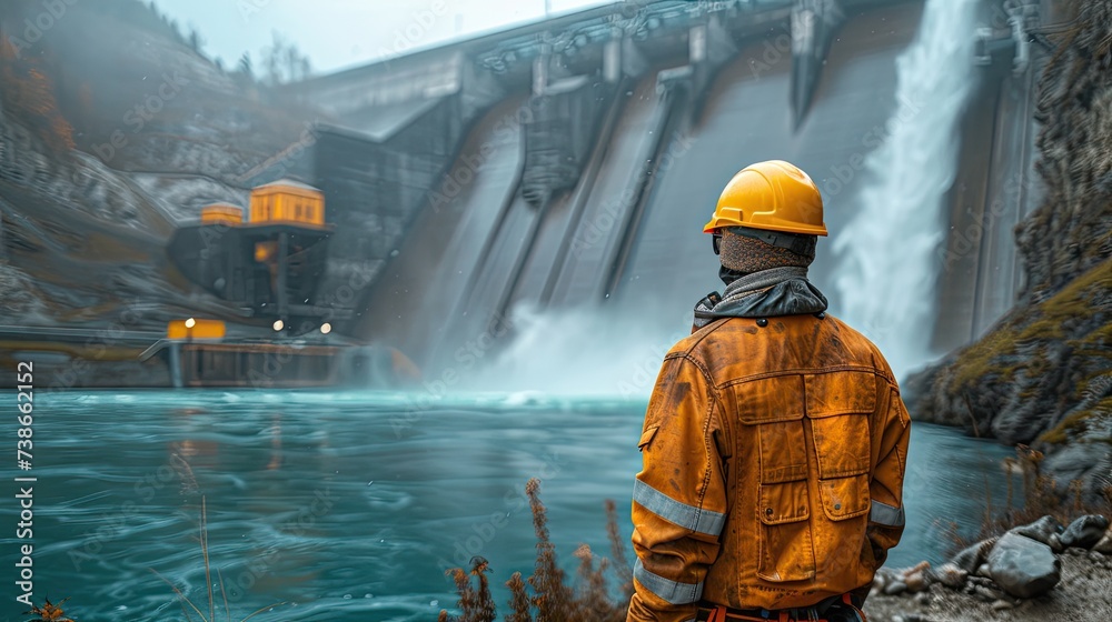 Man in Yellow Hard Hat Standing in Front of Waterfall Man in Yellow Hard Hat Standing in Front of Waterfall