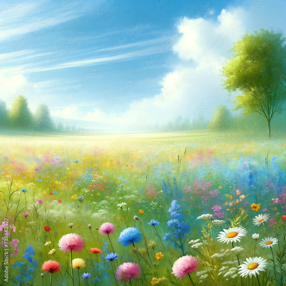 Colorful Wildflower Meadow Landscape - Vibrant Spring Bloom Under Serene Blue Sky in Impressionist Painting Style