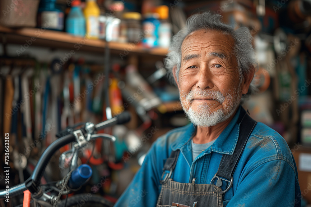 Bicycle mechanic in his repair shop.