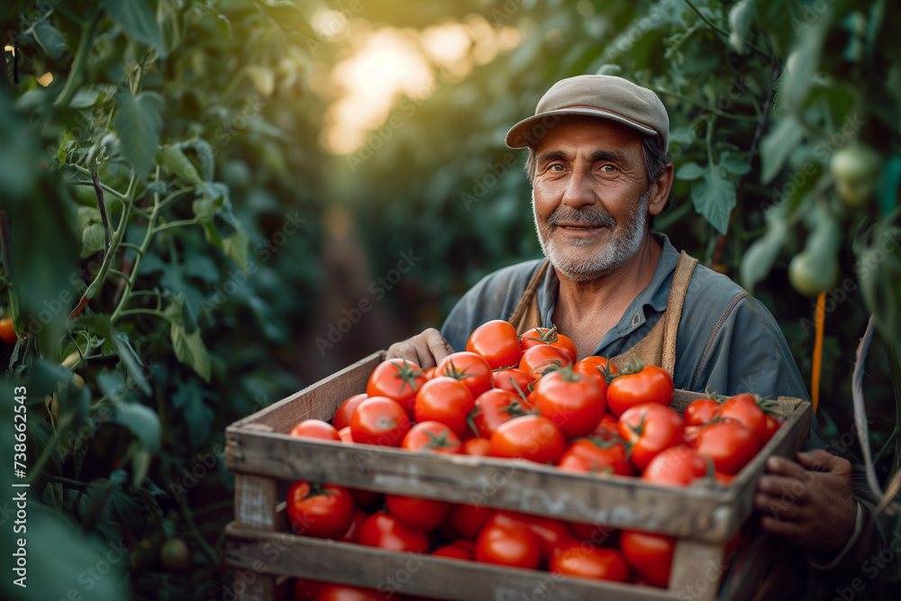 Fototapeta premium A man carries a box of tomatoes in a greenhouse.