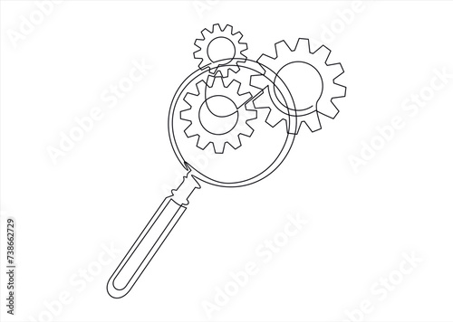 Gears inside Magnifying glass in continuous line drawing. Concept of Business analysis and engine optimization in outline style. Used for logo, emblem, web banner, presentation. Vector Illustration