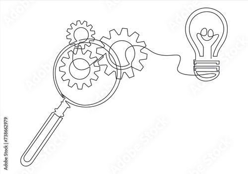 Single continuous line drawing big hand holding magnifying glass highlights lightbulb.idea search icon, magnifier with light bulb, creative vision
