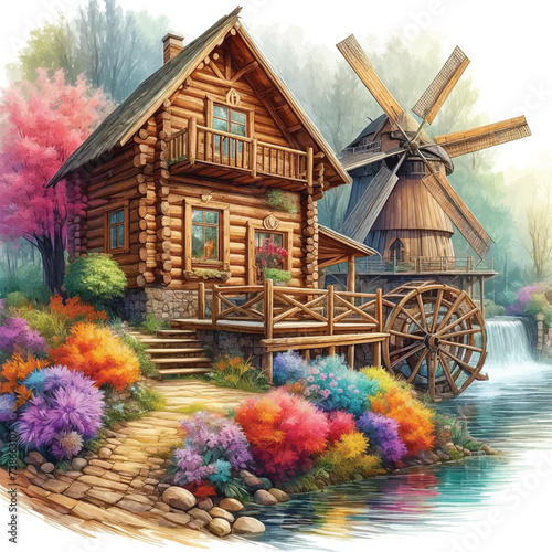 Log house with windmill riverside
