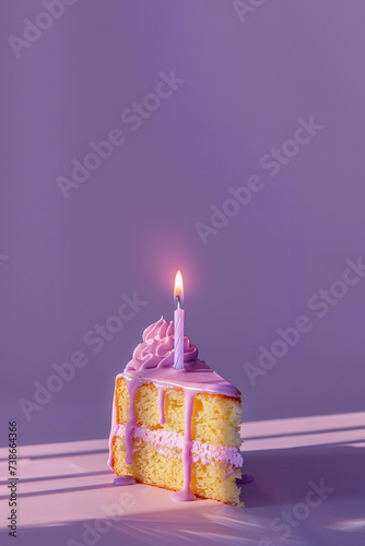 a piece of sponge cake with icing and one candle on a lilac background.  photo
