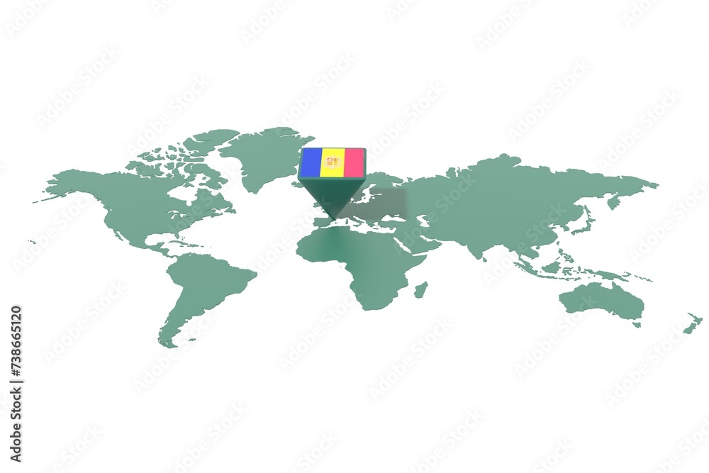 Obraz premium Mappa Terra con evidenziato la nazione Andorra e segnaposto colorato con colori della bandiera