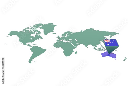 Mappa Terra con  evidenziato la nazione Australia e segnaposto colorato con colori della bandiera photo