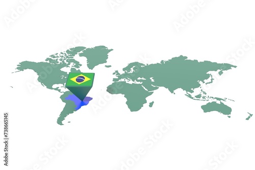 Mappa Terra con  evidenziato la nazione Brasile e segnaposto colorato con colori della bandiera photo