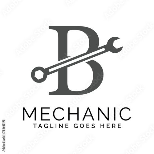 letter B logo with wrench. Alphabet B Spanner logo design
