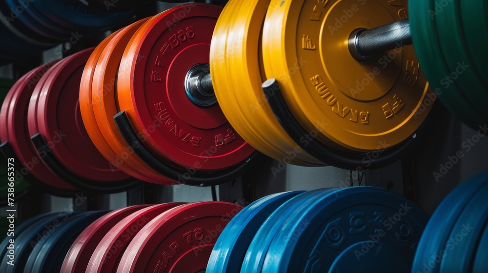 a stack of colored weight plates 
