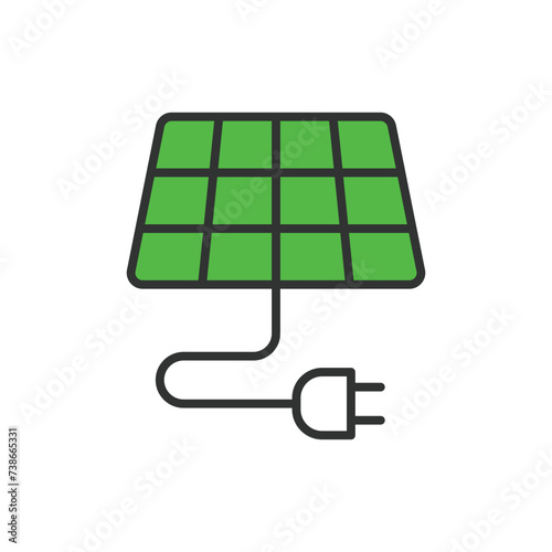 Solar panel connecting icon in line design green. Solar, panel, connecting, connection, wire, energy, electricity isolated on white background vector. Solar panel connecting editable stroke icon.