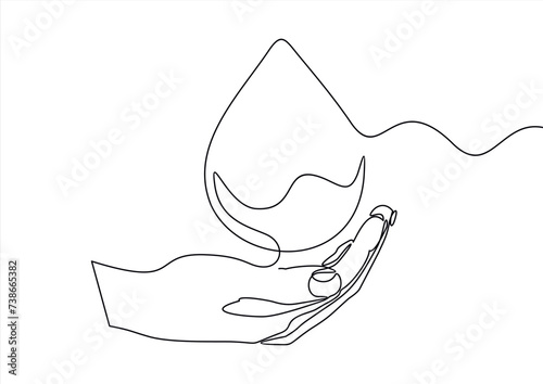 Hand holding water drop continuous line drawing. Blood or oil drop in human arm linear symbol. Vector illustration isolated on white.