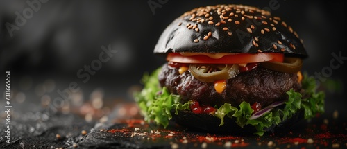 Juicy beef patty with fresh lettuce, slices of ripe tomatoes and melted cheese, sandwiched between black hamburger buns. Burger banner with copy space