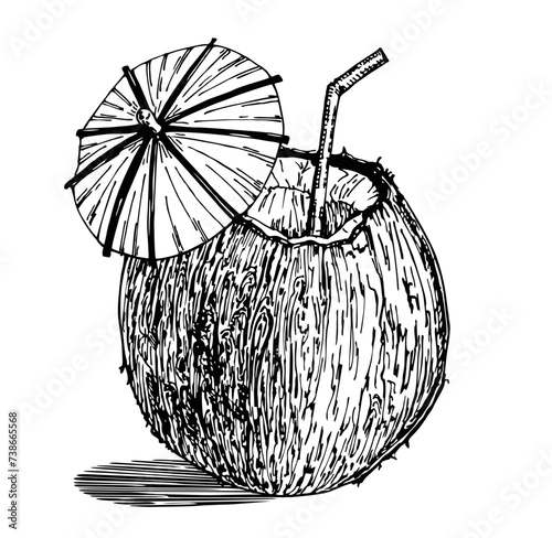 Cocktail of coconut sketch. Illustration of a coconut with a cocktail inside with straws and an umbrella. Pina colada cocktail in coconut with umbrella. Doodle Vector style