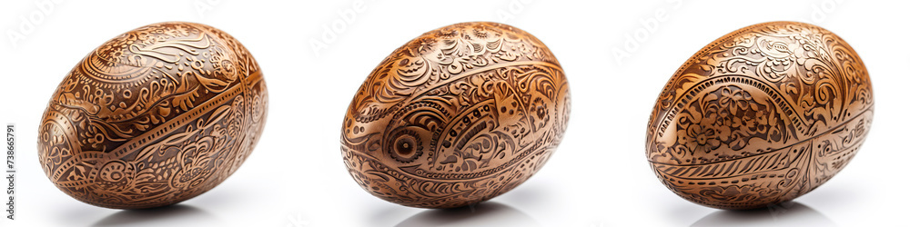 brown Easter eggs with a carved wooden pattern, isolate on a white background brown Easter eggs with a carved wooden pattern, isolate on a white background